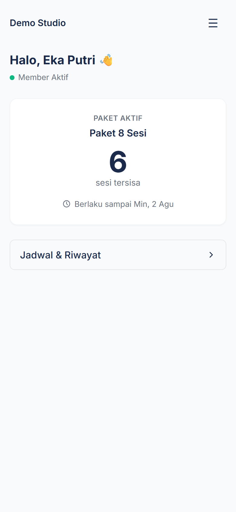 Dashboard member ForEach Pilates menampilkan sisa sesi paket aktif — tampilan dari tenant demo produksi