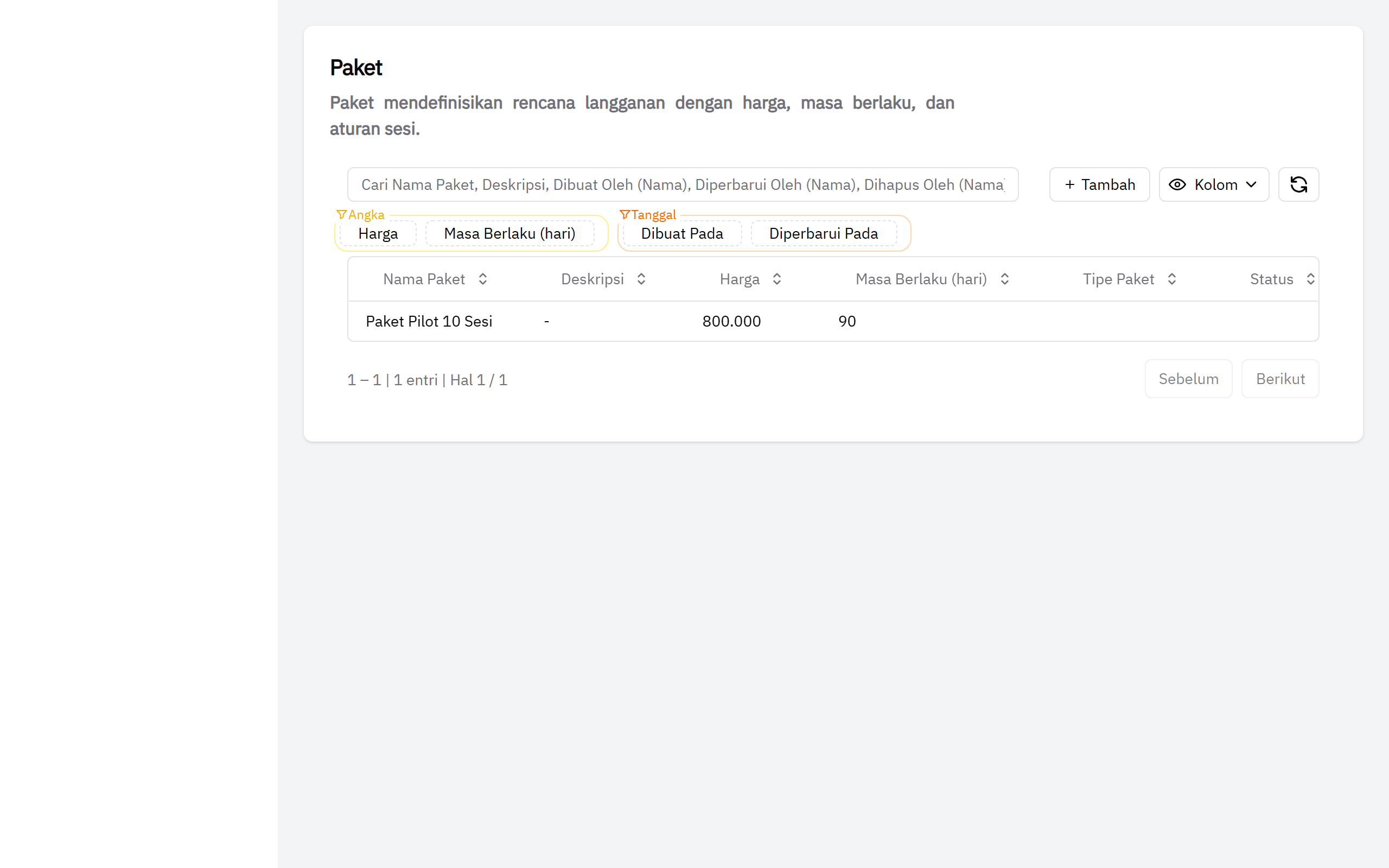 Manajemen paket kelas di ForEach Pilates — nama paket, harga, dan masa berlaku ditampilkan di dashboard admin