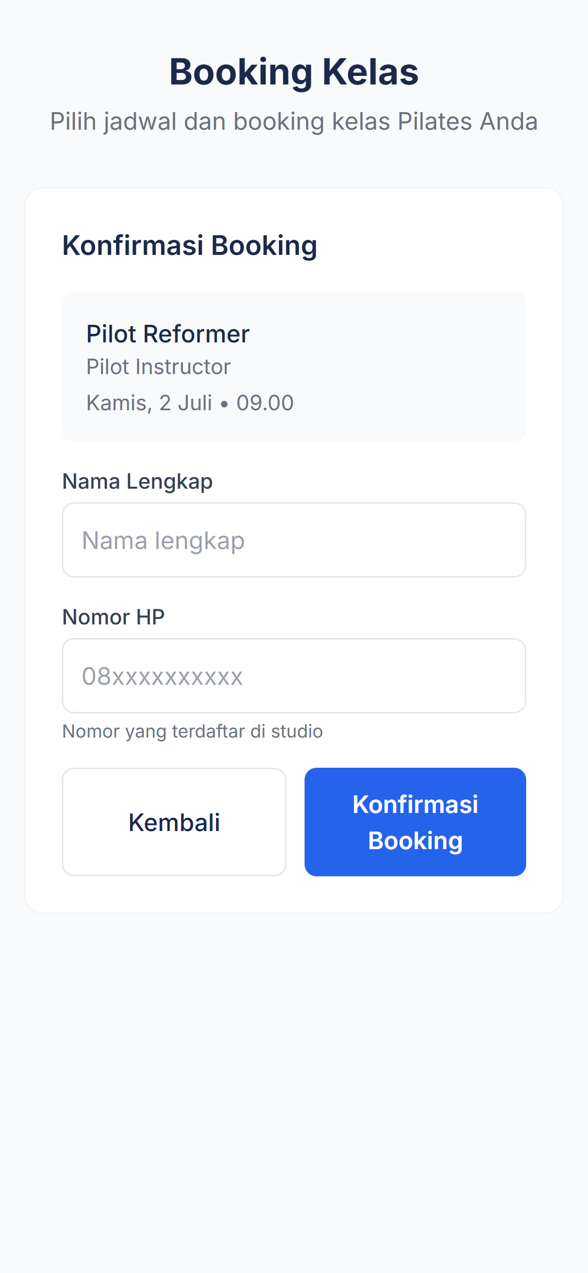 Form konfirmasi booking kelas pilates — isi nama dan nomor HP