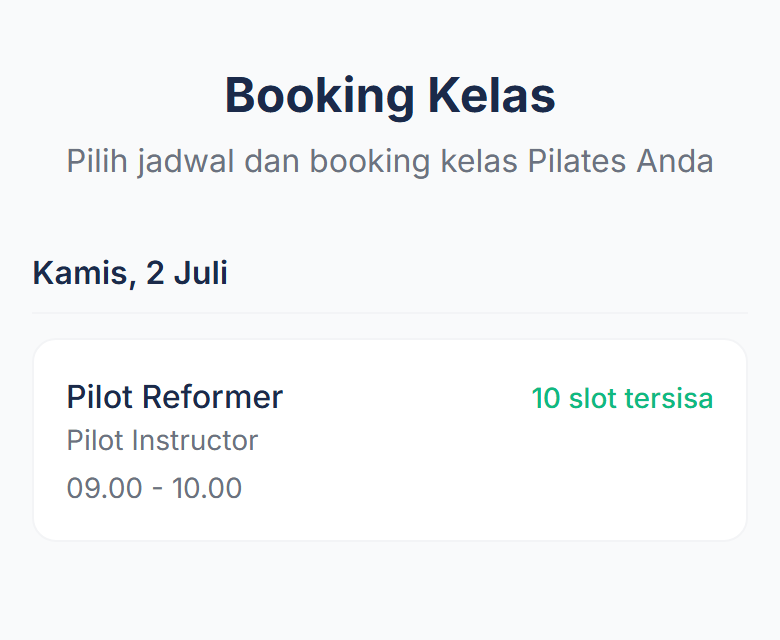 Halaman booking mandiri member ForEach Pilates — daftar jadwal kelas dengan sisa slot