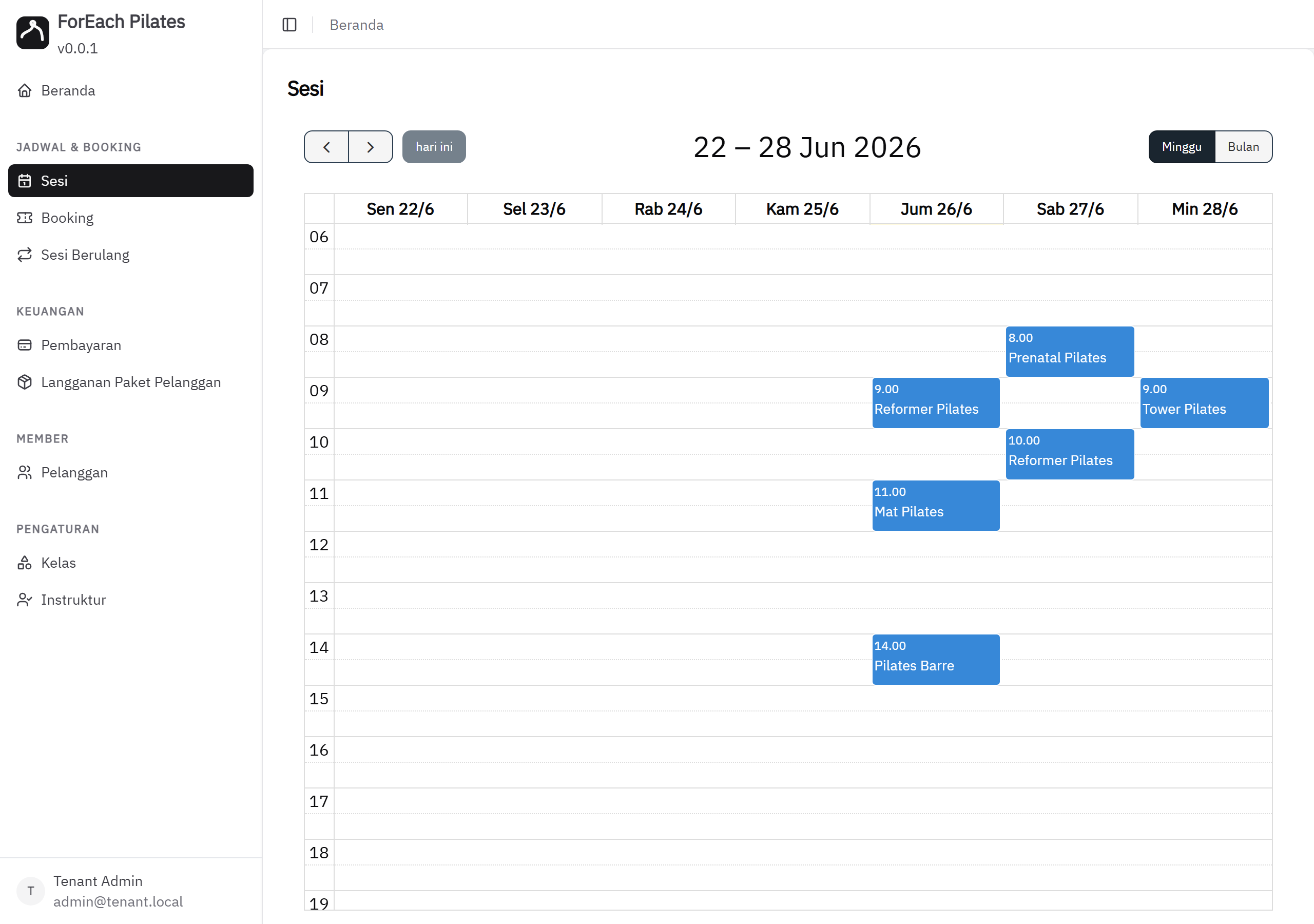 ForEach Pilates — admin dashboard