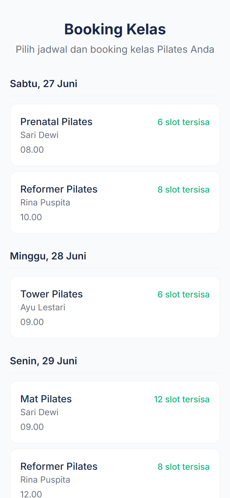 Halaman booking — tampilan mobile